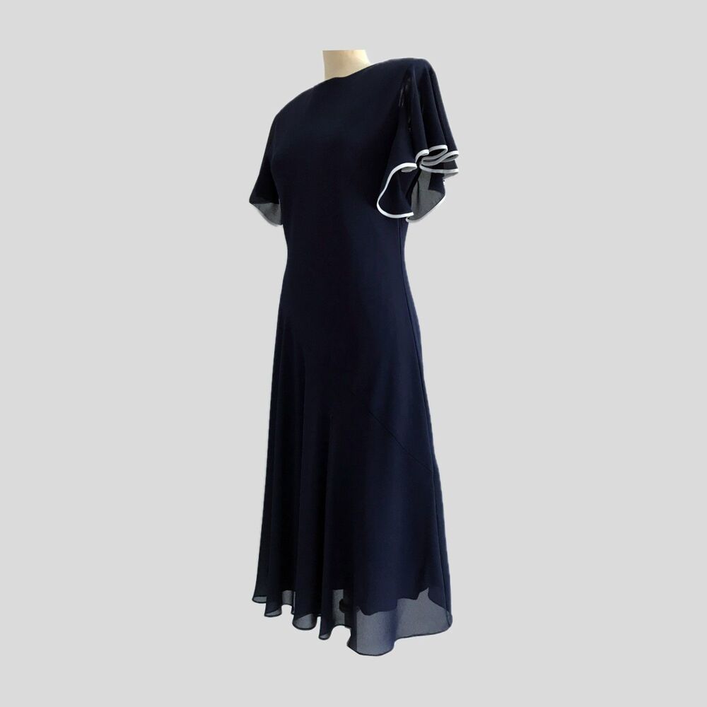 Vintage 90s Pierre Cardin Navy Blue Chiffon Flutter Sleeve Nautical Midi Dress 4